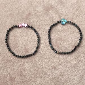 Black Beaded Kids Bracelets with Pink Stars and Blue Heart